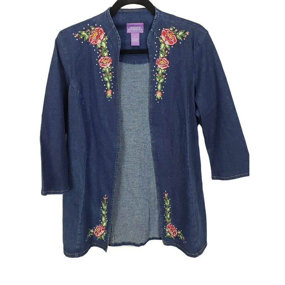 Medium Jean Jacket NWT Suzanne‎ Somers Collection Embroidered Floral Rhinestone